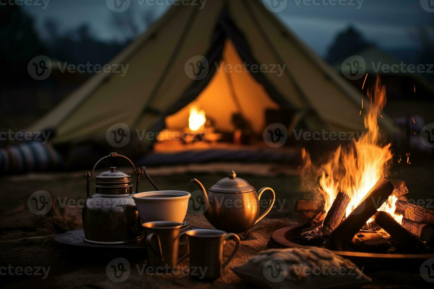 ai generado cámping en el bosque, un tetera y un taza de té foto