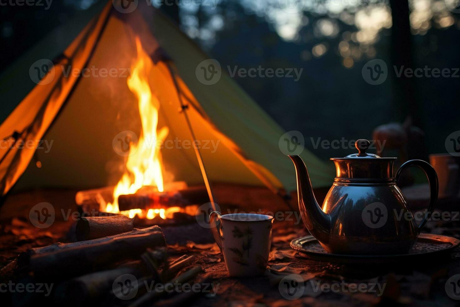 AI generated Camping in the woods, a kettle and a cup of tea photo