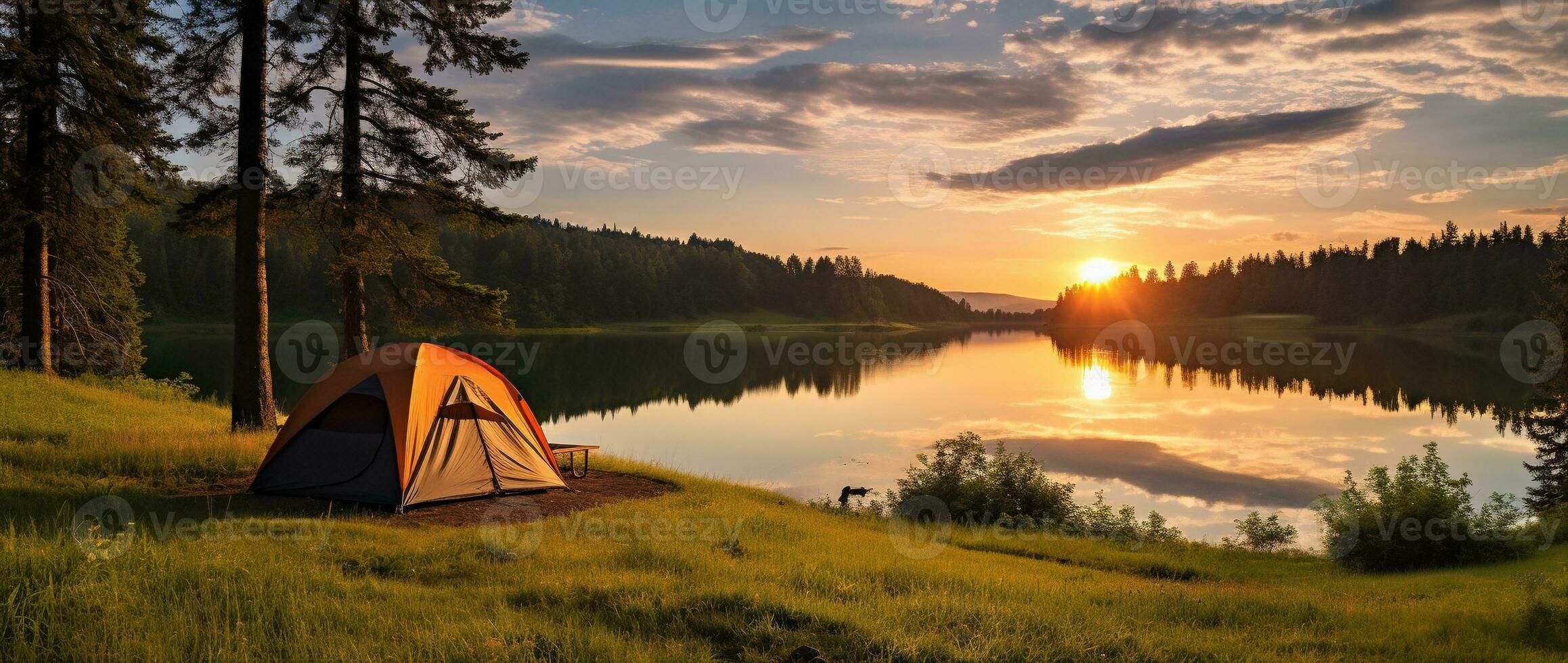 AI generated Camping tent on the shore of a lake at sunset. photo
