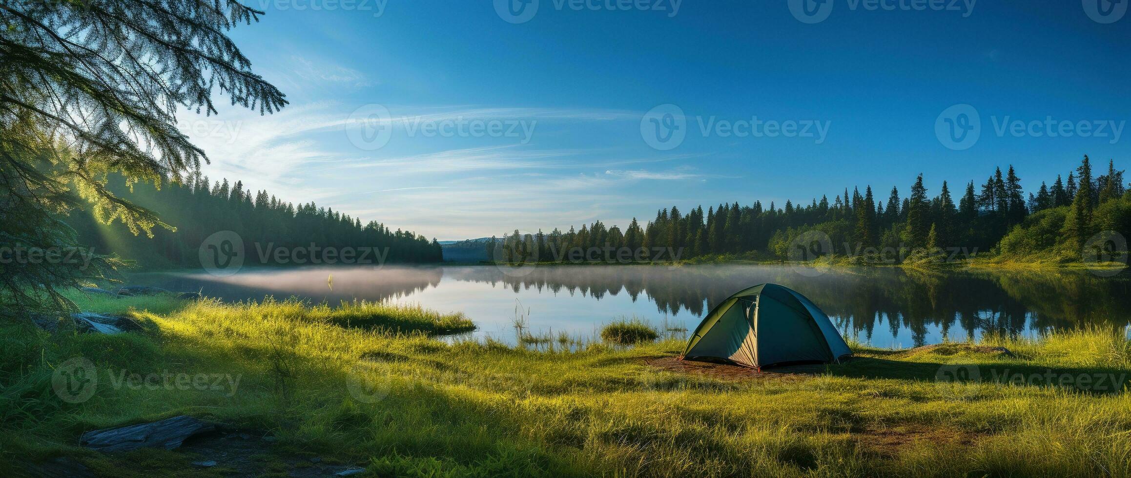 ai generado cámping tienda en el apuntalar de un lago a puesta de sol. foto