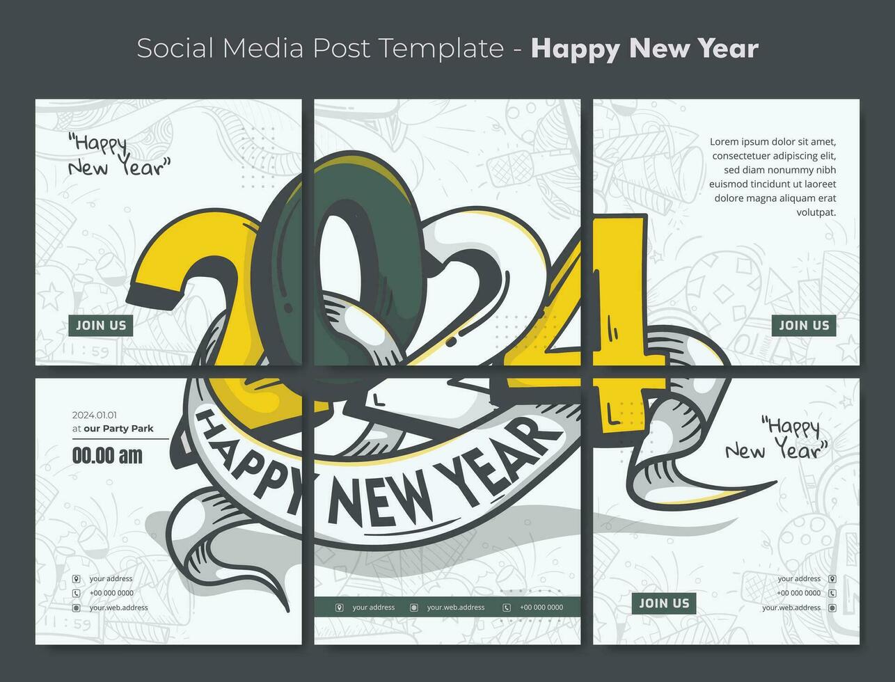 Social media post template with typography hand drawn of 2024 for new year party design vector