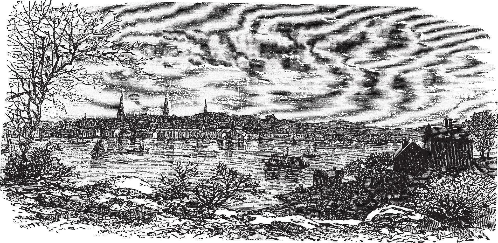 New London in Connecticut, USA, vintage engraved illustration vector