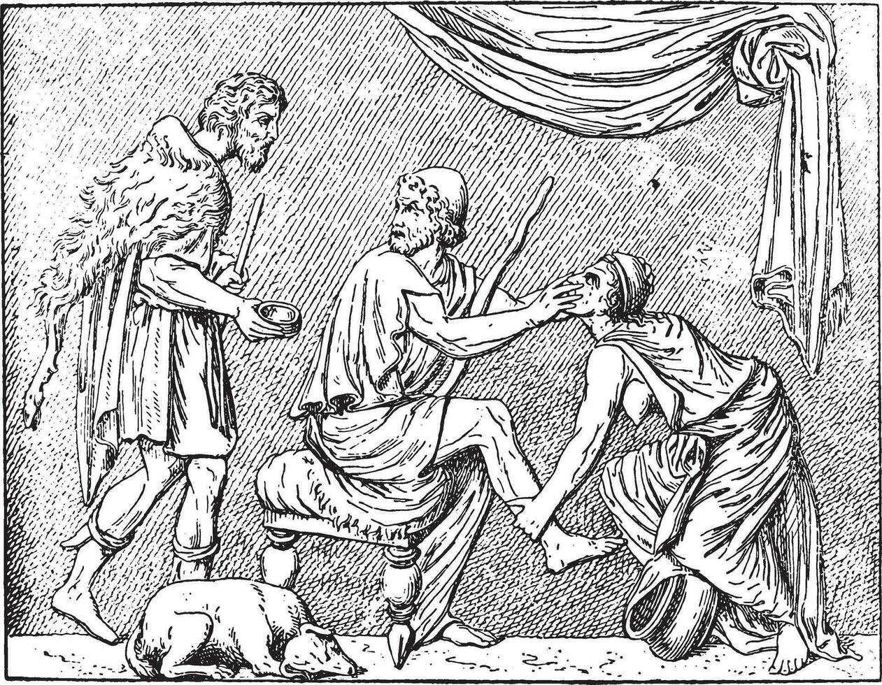 Odysseus and his nurse, vintage engraving. vector