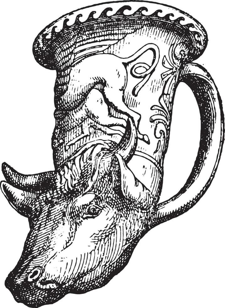 Rhyton ox head, vintage engraving. vector