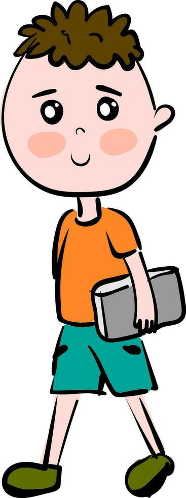 Cartoon boy with grey book vector illustration on white background.