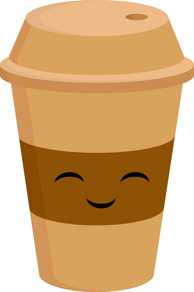 Light brown smiling coffee cup to go vector illustration on white background.