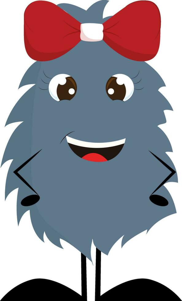 Dark grey furry smiling monster with red hair bow vector illustration on white background.