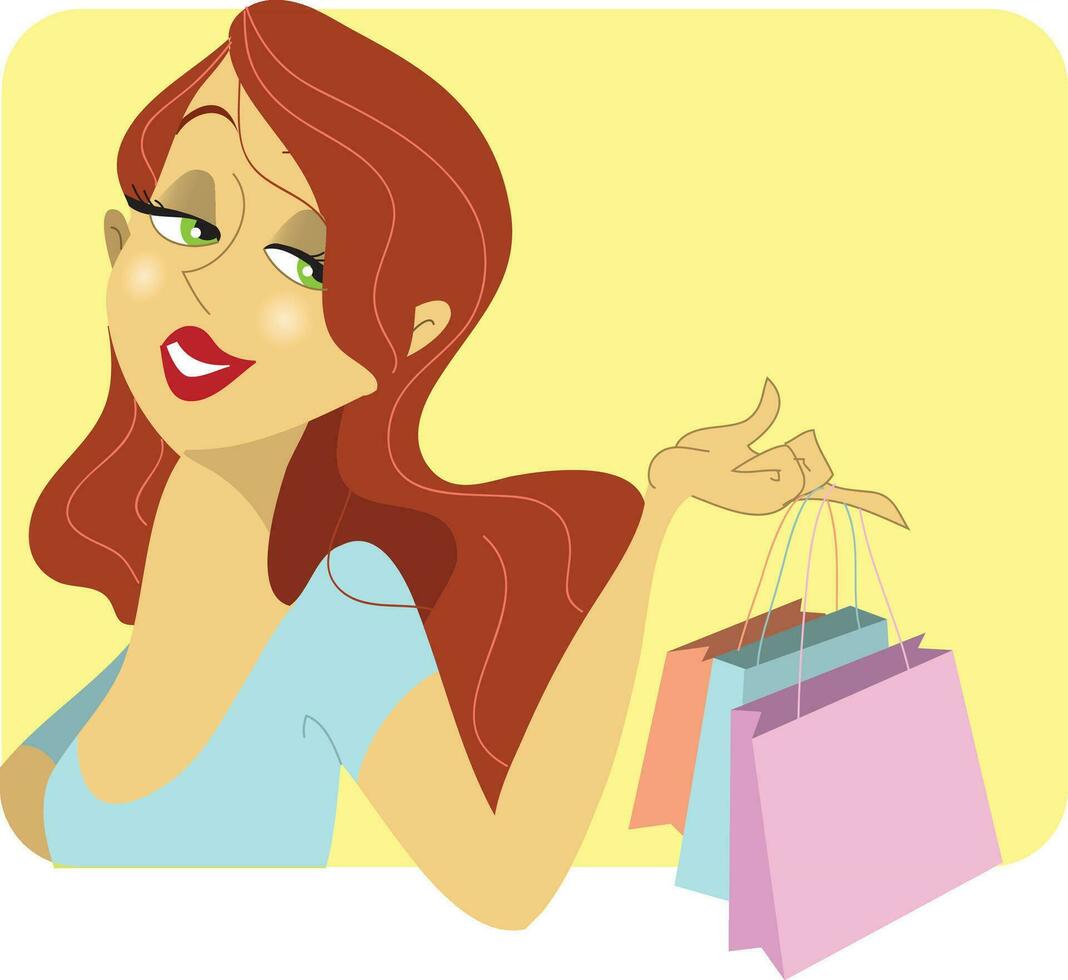 linda pelirrojo mujer con compras pantalones vector