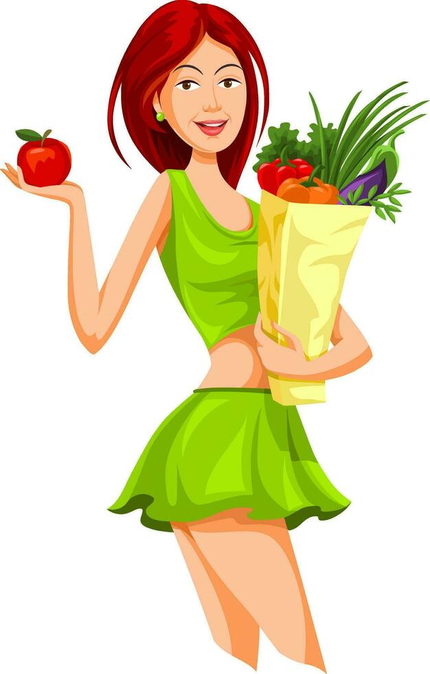 Vector of beautiful woman holding an apple and grocery bag full of vegetables.
