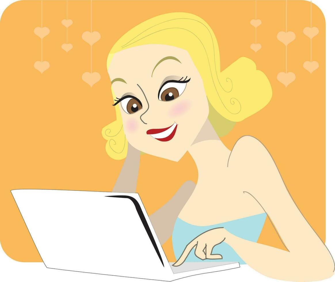 Young blond woman chatting on her computer vector