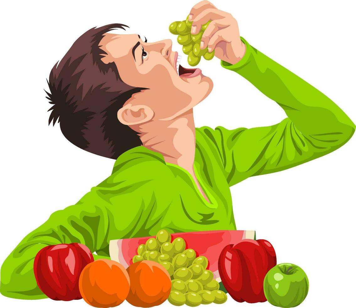 vector de joven chico comiendo fruta.