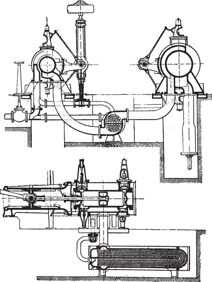 Machine Stork with Schmidt superheater system, vintage engraving. vector