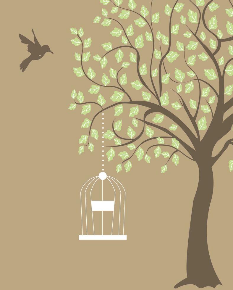 Bird cage hanging from branch. invitation card vector