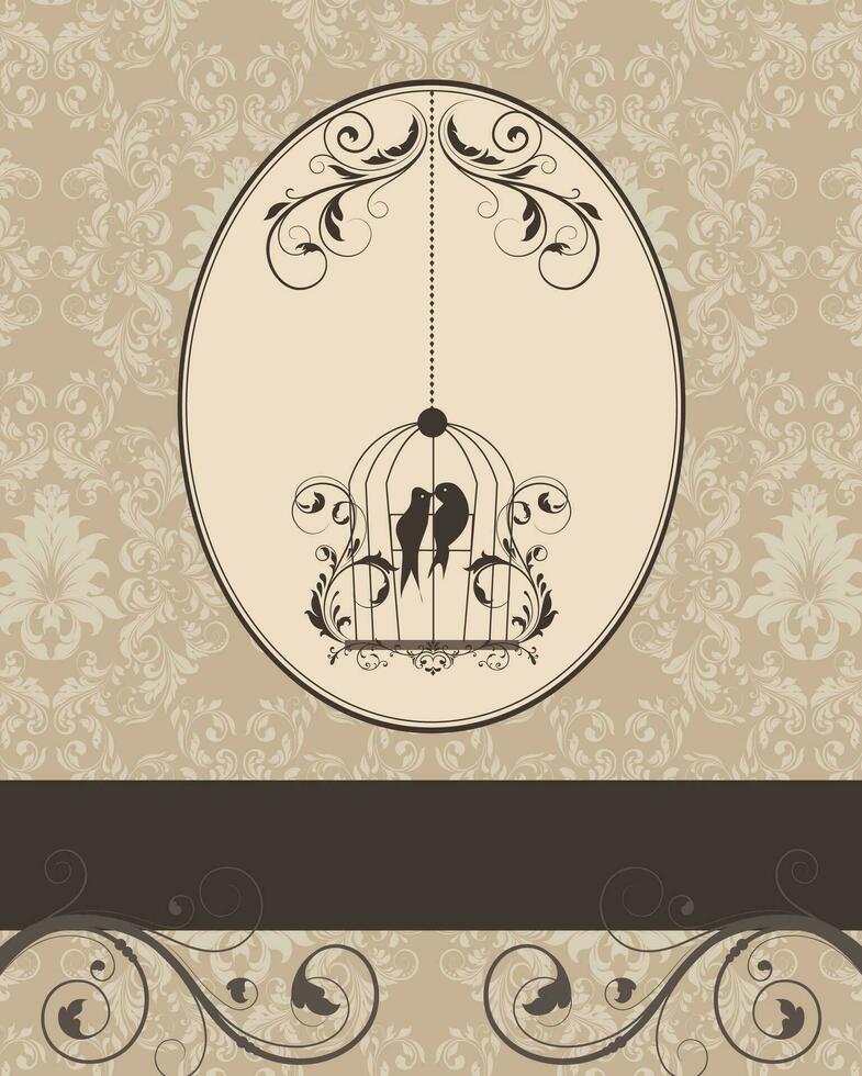 Brown vintage invitation card with birdcage vector