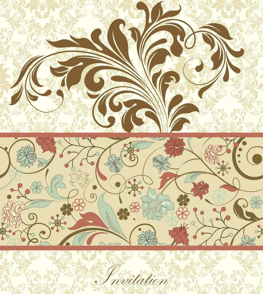 Vintage invitation card with ornate elegant retro abstract floral design vector