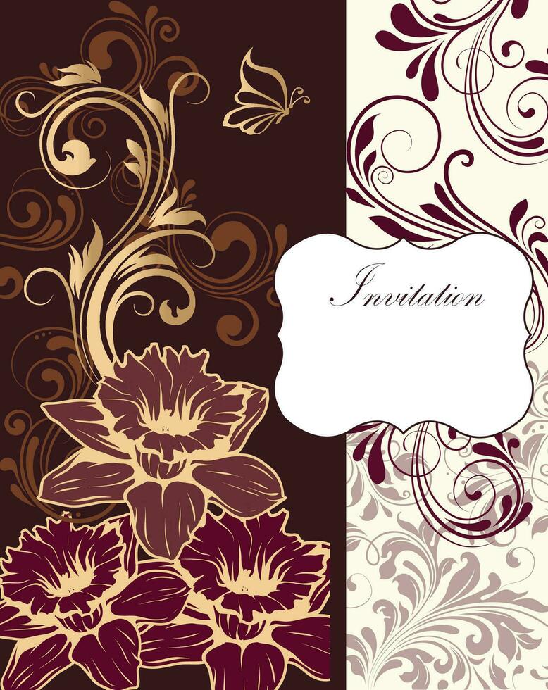 Vintage invitation card with ornate elegant retro abstract floral design vector