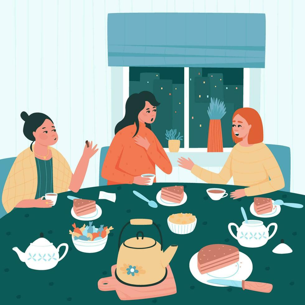 Evening tea party of friends at home at the table vector