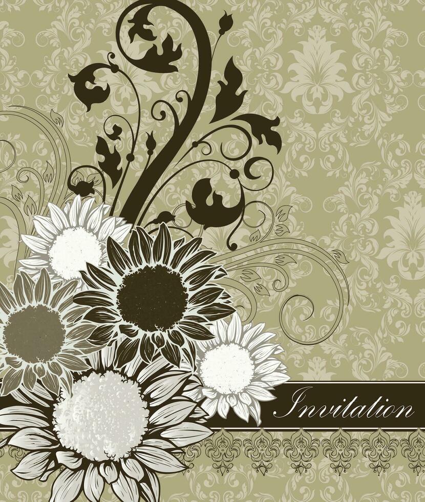 Vintage invitation card with ornate elegant retro abstract floral design vector