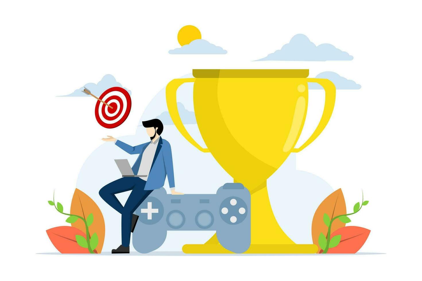 márketing estrategia para clientes a alcanzar objetivos y ganar premios, gamificación, premios o retos a mantener cliente compromiso, hombre con computadora ordenador portátil en juego de azar palanca de mando con trofeo otorgar. vector