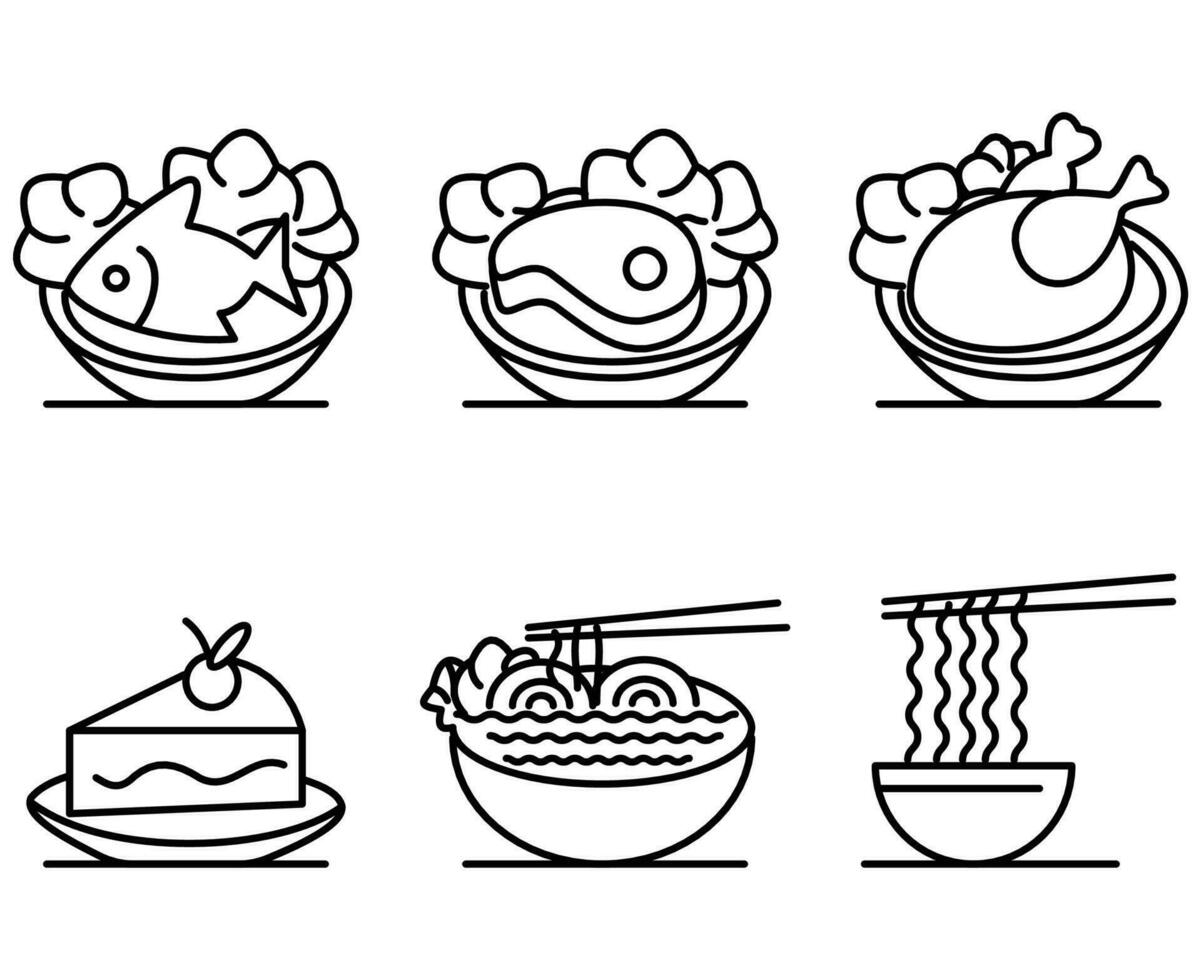 food icon set or food and beverage icons in outline style vector