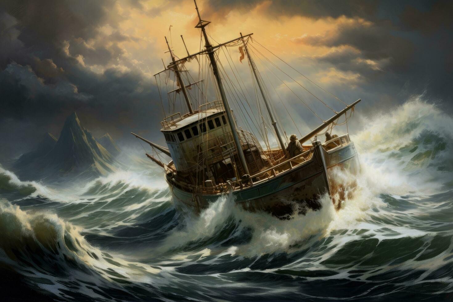AI generated Fishing boat in the stormy sea. Digital painting