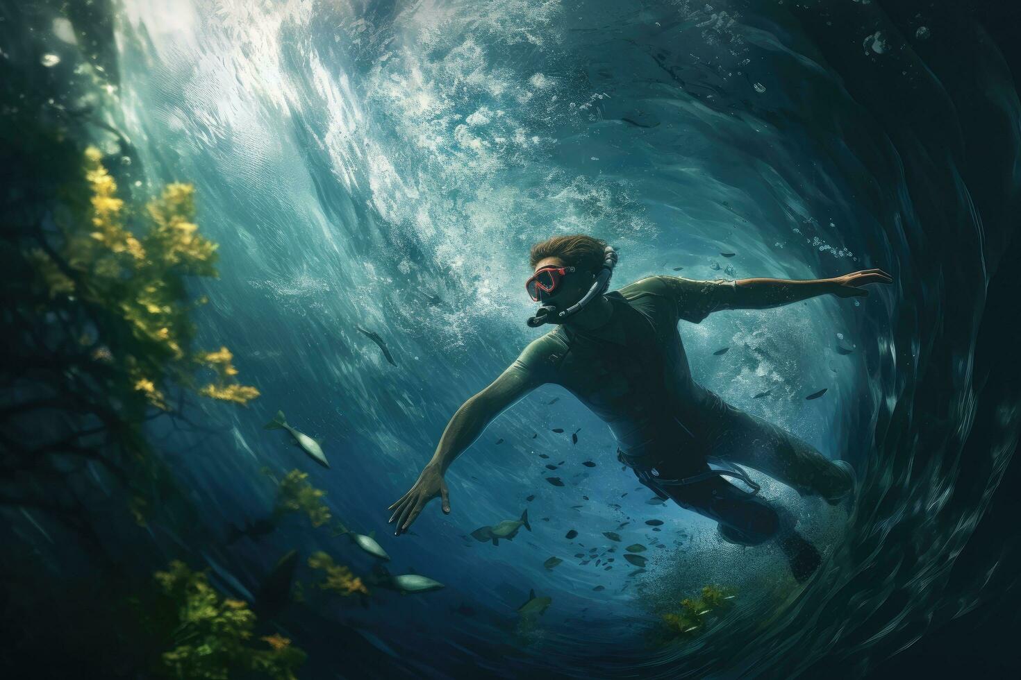 AI generated Underwater view of young man diving in deep blue ocean with fishes, A surfer man with a surfboard dives underwater with an ocean wave beneath, AI Generated photo