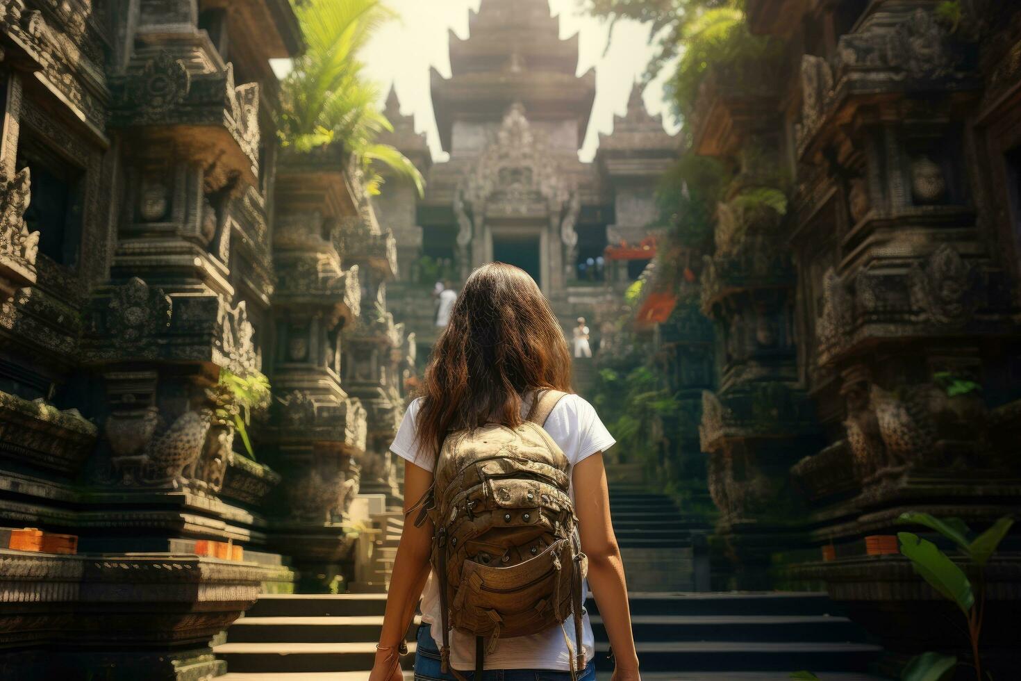 AI generated Young woman traveler with backpack looking at Hindu temple in Bali, Indonesia, A tourist woman with a backpack on vacation, walking through the Hindu temple in Bali, Indonesia photo