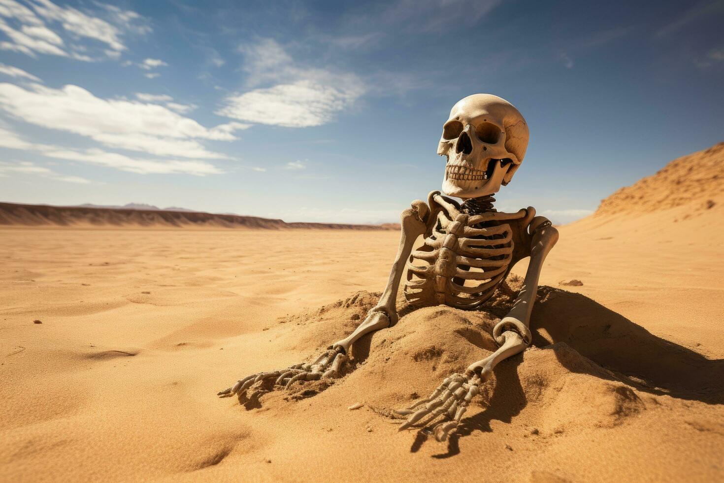 AI generated Human skeleton in the desert. Halloween concept. Selective focus, A skeleton in the desert, Environmental pollution causing the end of the human race, AI Generated photo