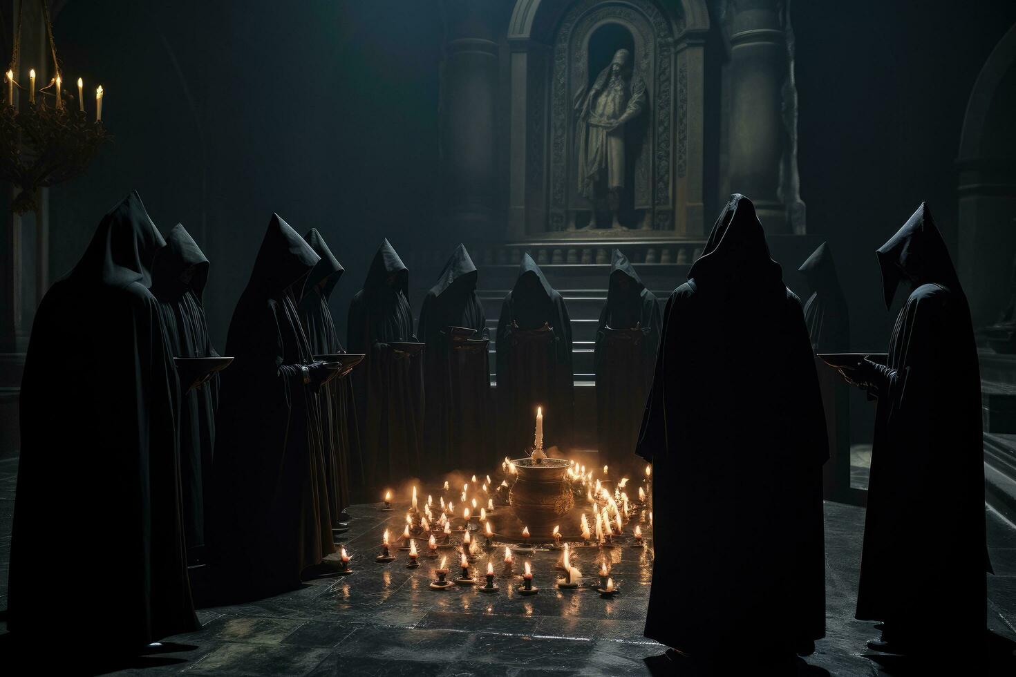 AI generated Dark church interior with lit candles. Halloween concept. 3D Rendering, A secret society meeting plotting a conspiracy, AI Generated photo