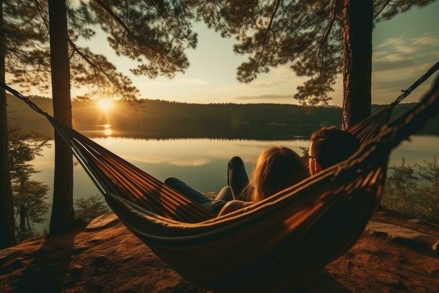 AI generated Young couple relaxing in hammock on a lake shore at sunset, A person wearing virtual reality glasses, immersed in a futuristic, high-tech environment, AI Generated photo