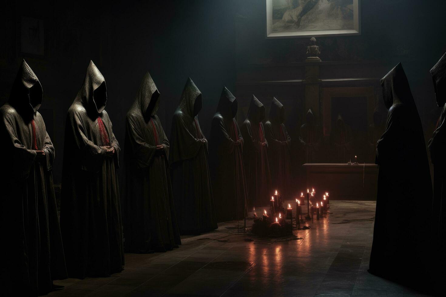 AI generated interior of a catholic church in the dark with candles burning, A secret society meeting plotting a conspiracy, AI Generated photo