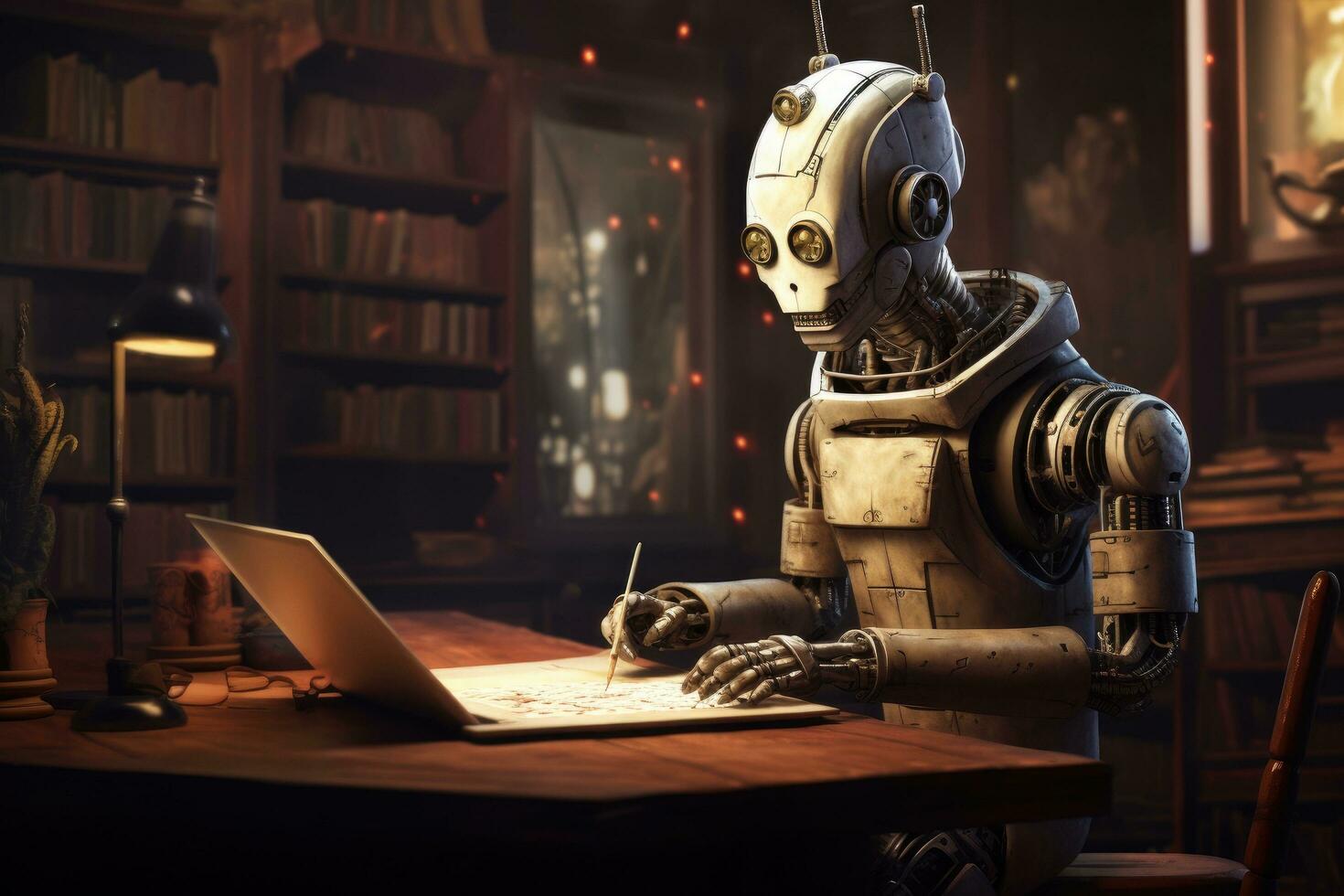 AI generated Old robot working on a laptop in a dark room. Artificial intelligence concept, A robot author writing on a notepad in an old library, AI Generated photo