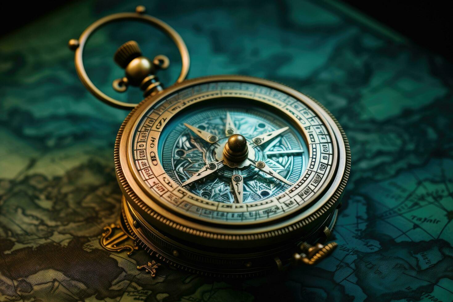 AI generated Compass on old map. Vintage style toned picture. Selective focus, A retro compass that looks like it belongs to a pirate, AI Generated photo
