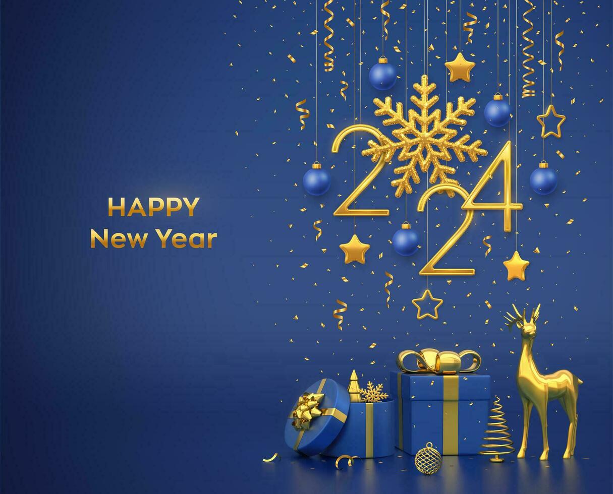 Happy New 2024 Year. Hanging golden metallic numbers 2024 with snowflake, stars, balls on blue background. Gift boxes, gold deer and metallic pine or fir, cone shape spruce trees. Vector illustration.