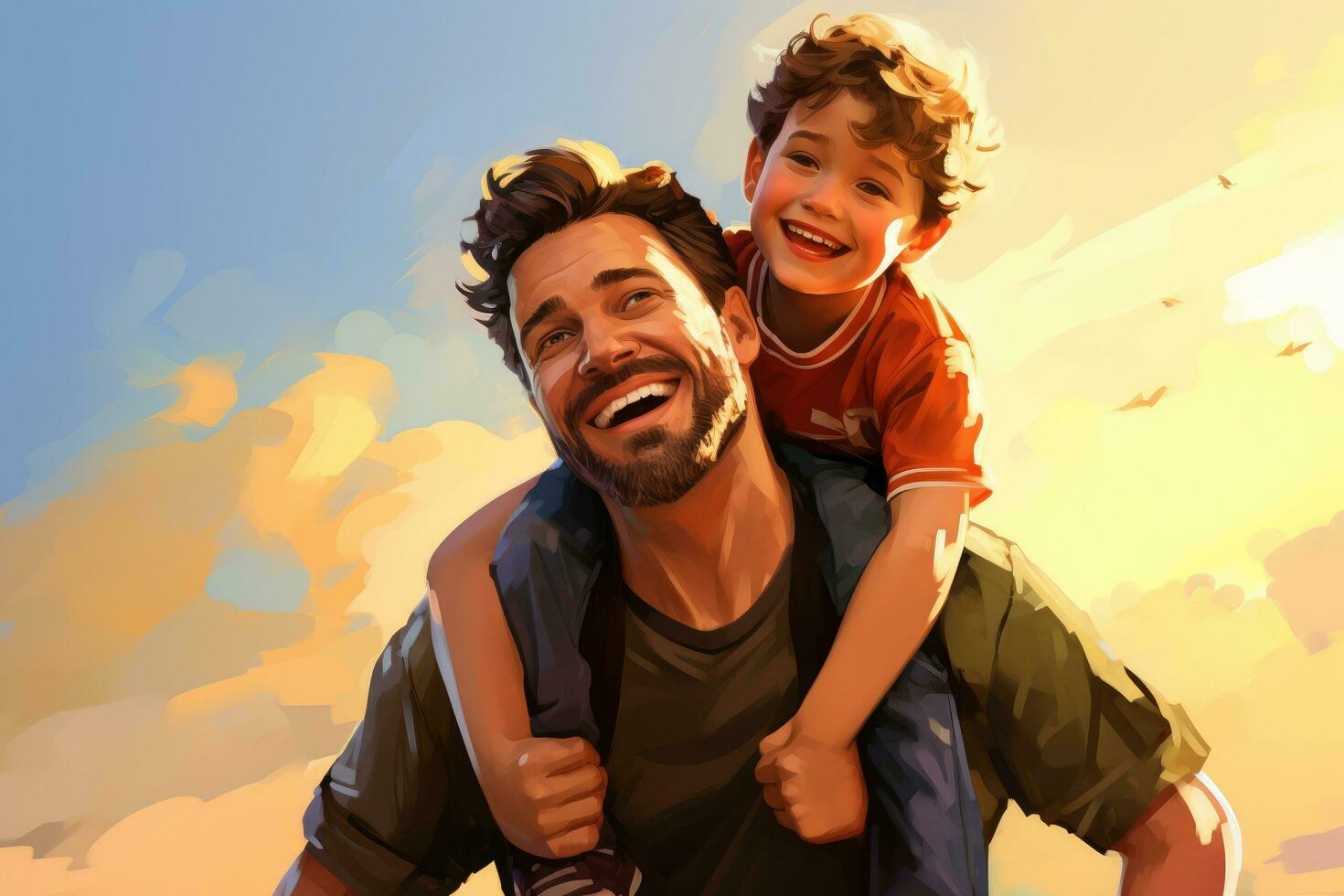 ai generado padre y hijo teniendo divertido juntos a puesta de sol. concepto de simpático familia, contento padre llevar a cuestas hijo en soleado día, ai generado foto