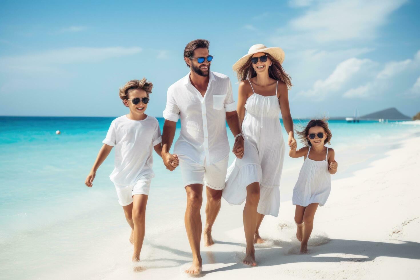 AI generated Happy family of four having fun on the beach during summer vacation, Happy family enjoying together on beach on holiday vacation, AI Generated photo