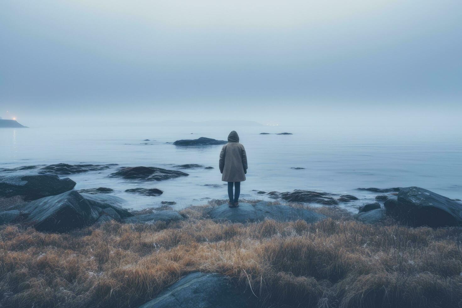 AI generated Man standing on a rock looking at the sea in a foggy day, A woman alone looking at a foggy sea, experiencing adventure lifestyle outdoors, expressing solitude, sad emotions, AI Generated photo