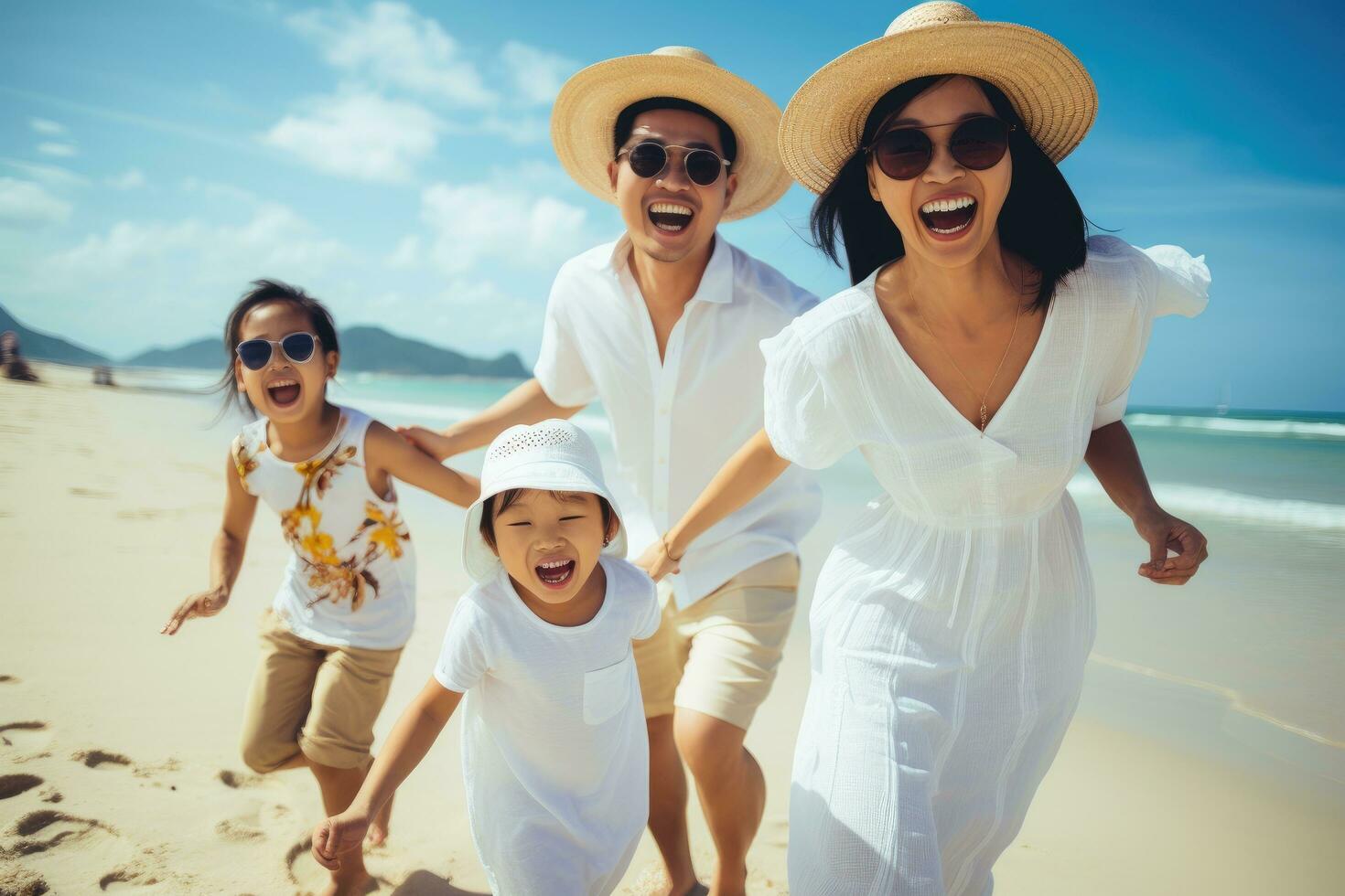 AI generated Happy family having fun on the beach at the day time. People having fun outdoors. Concept of friendly family, Happy asian family at consisting father, mother,son and daughter photo