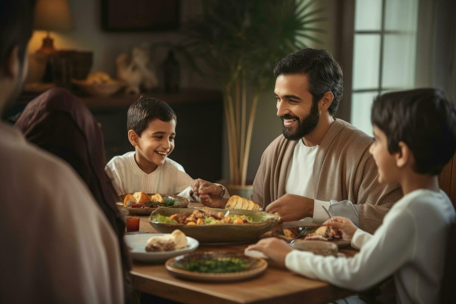ai generado contento familia teniendo cena juntos a hogar. padre, madre y niños comiendo sano alimento, hermoso árabe hombre hablando a alegre multicultural musulmán familia durante cena foto