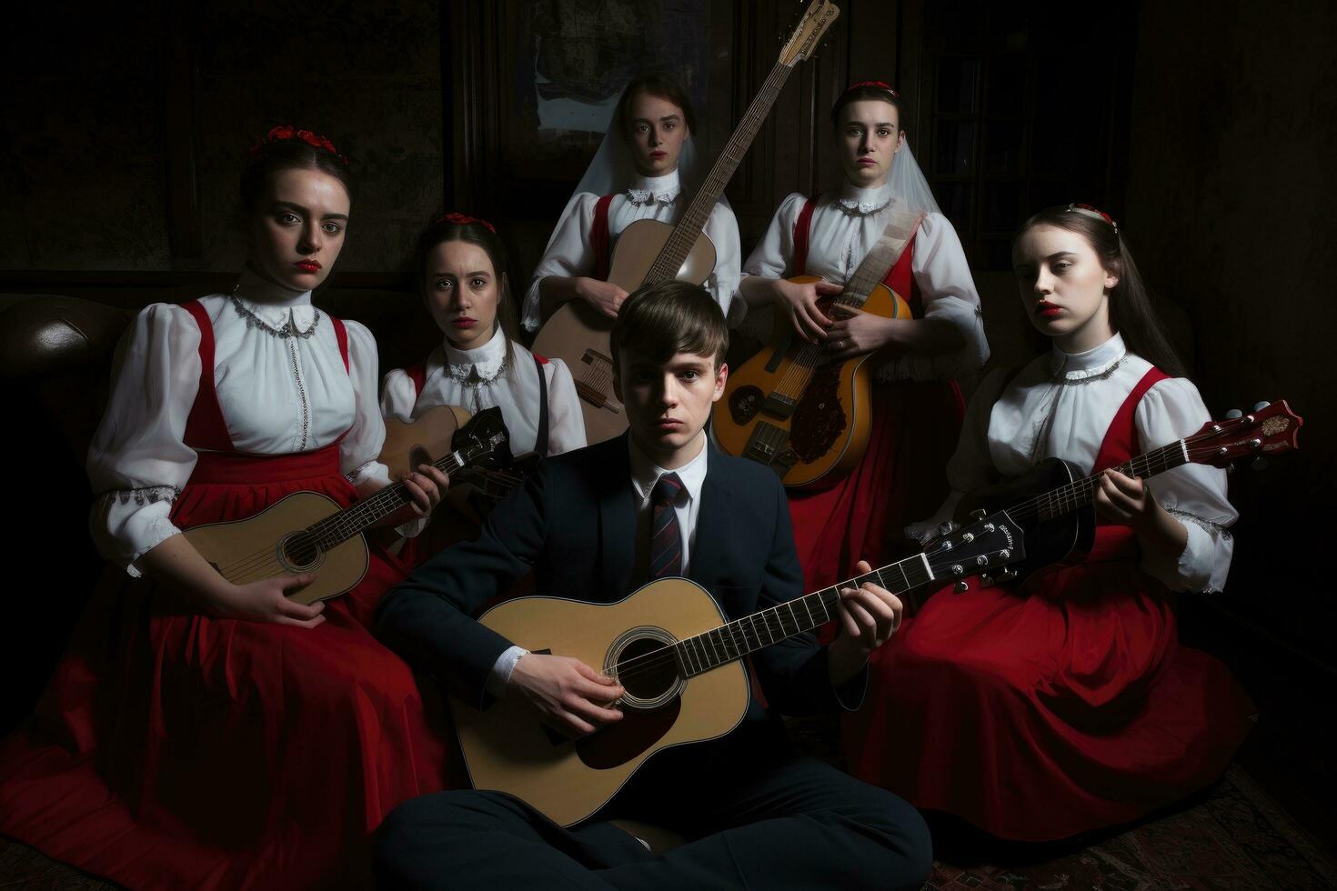 AI generated Group of young people with guitar in a dark room. Retro style, group of young people perform St, AI Generated photo