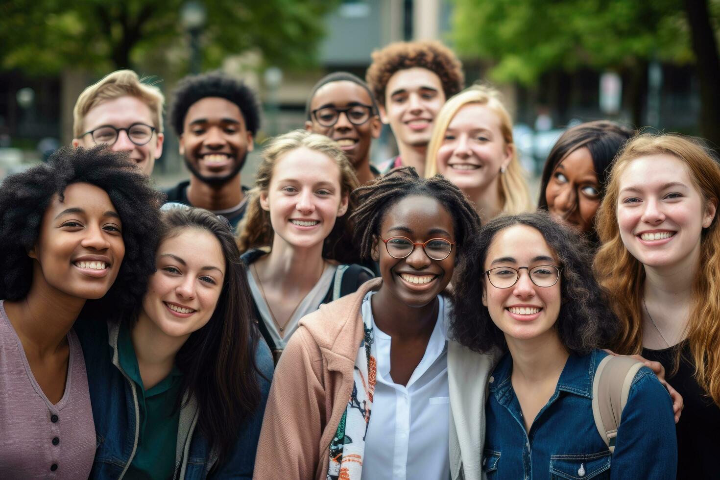 AI generated Group of diverse friends standing together and looking at camera in the street, Group photo of happy joyful diverse multiracial college, AI Generated