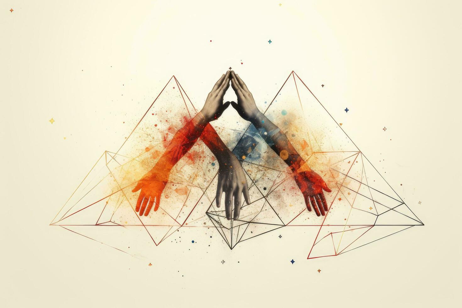 AI generated Hands of man and woman with abstract polygonal background, Hands united together to form lines, triangles, and particle-style design, AI Generated photo