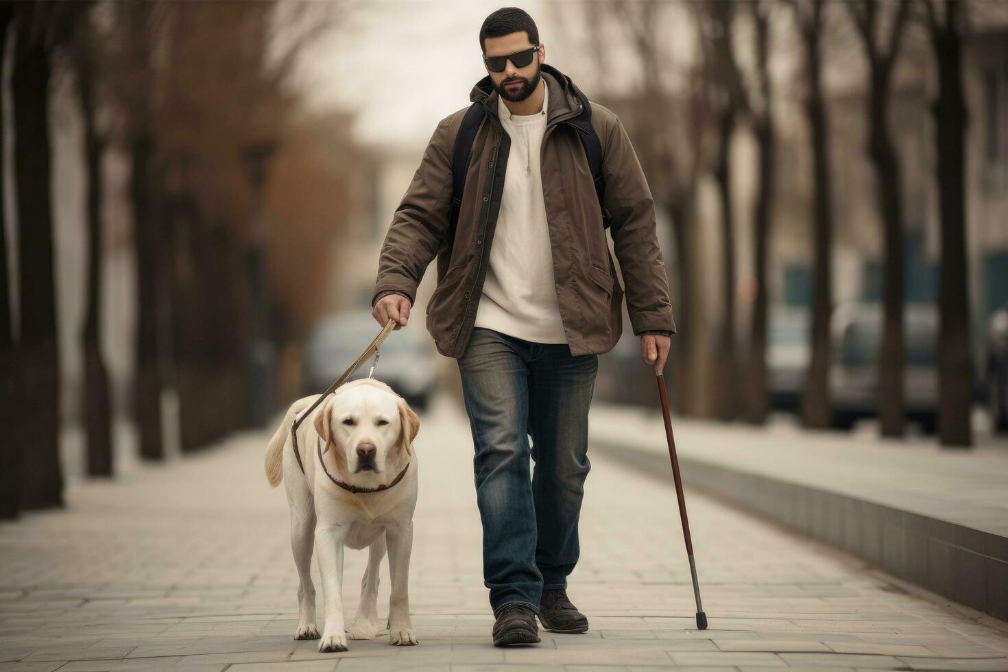 ai generado hombre con un guía perro caminando en el calle en el ciudad, guía perro es Ayudar un ciego hombre, ai generado foto