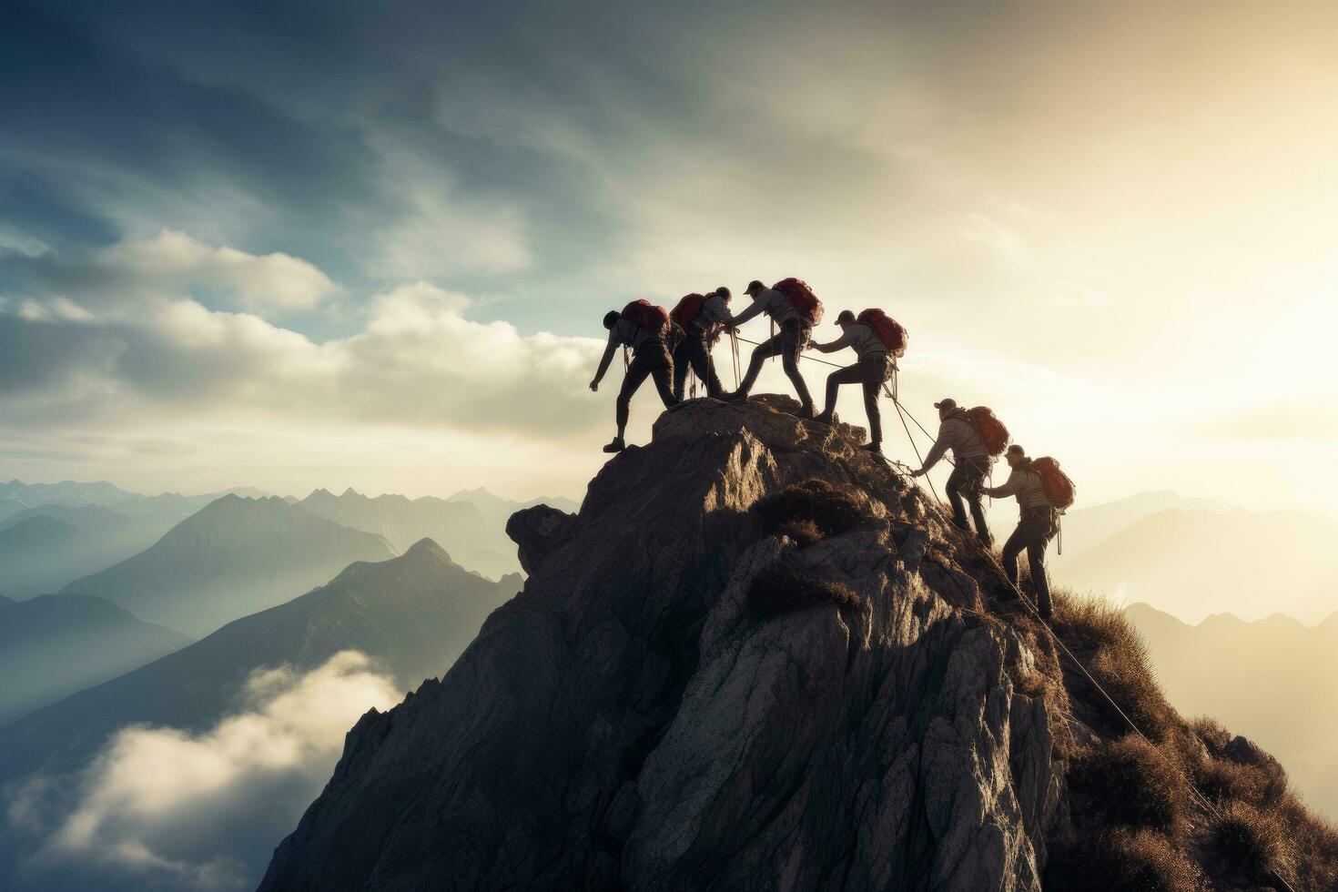 AI generated Group of climbers on the top of the mountain. Climbing in the mountains, Group of people on a peak mountain climbing, assisting in teamwork, AI Generated photo