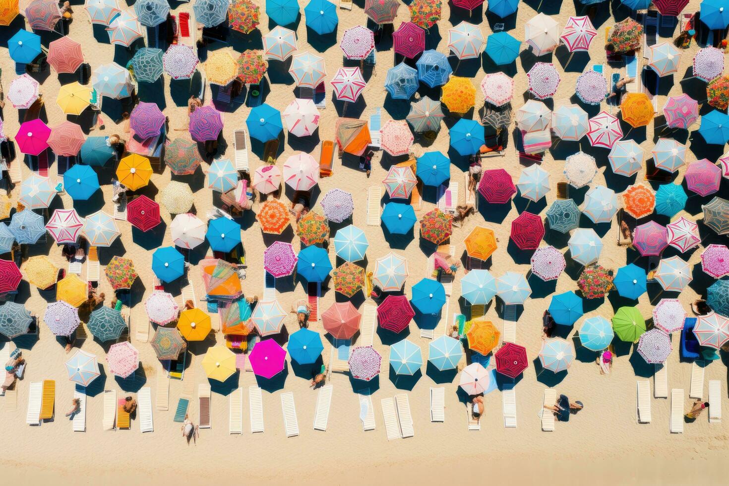 ai generado aéreo ver de personas en vistoso paraguas en el playa, un tropical playa con vistoso paraguas - De arriba hacia abajo aéreo vista, ai generado foto