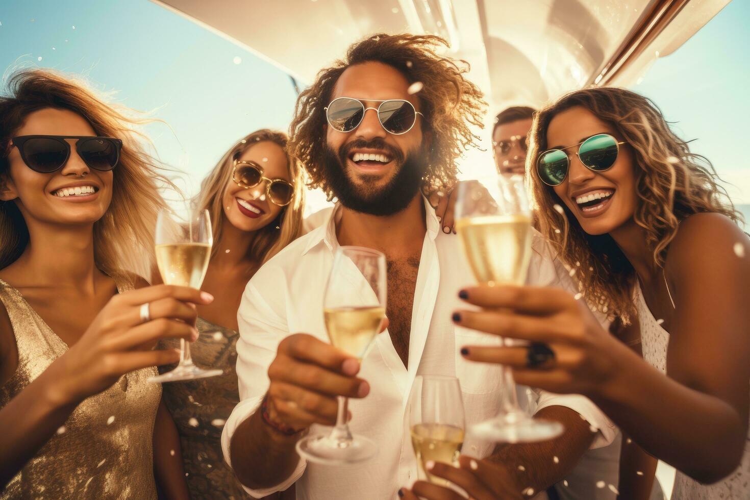 AI generated Group of friends having fun on a yacht, clinking glasses with champagne, Group of diverse friends drink champagne while having a party in yacht, AI Generated photo