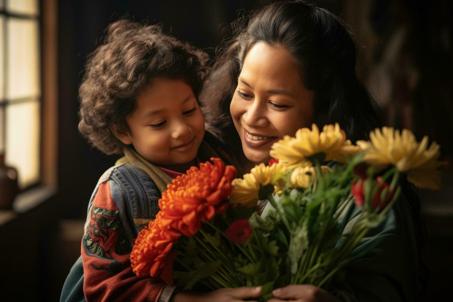AI generated Mother and daughter holding a bouquet of flowers in the house, Grateful ethnic mother with bouquet hugging son, AI Generated photo