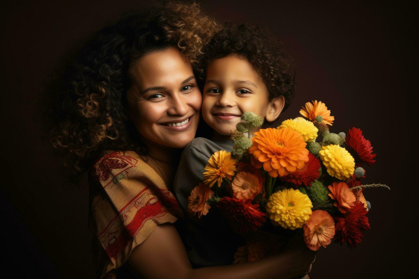 ai generado africano americano madre y hijo con ramo de flores de flores en oscuro fondo, agradecido étnico madre con ramo de flores abrazando hijo, ai generado foto