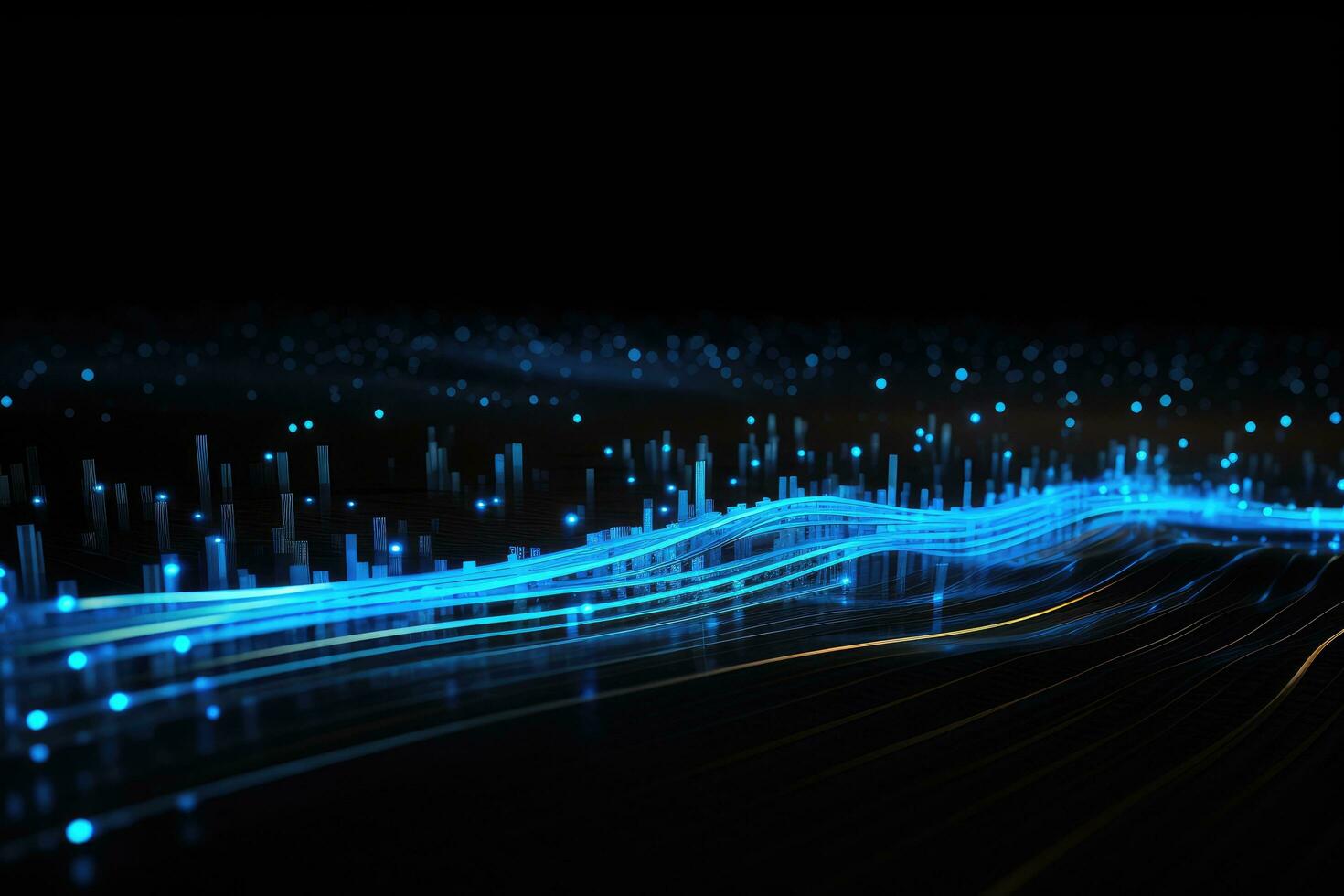 AI generated Abstract technology background with glowing lines and bokeh. Vector illustration, Glowing blue lines and an abstract data system on a black background representing a complex data flow photo