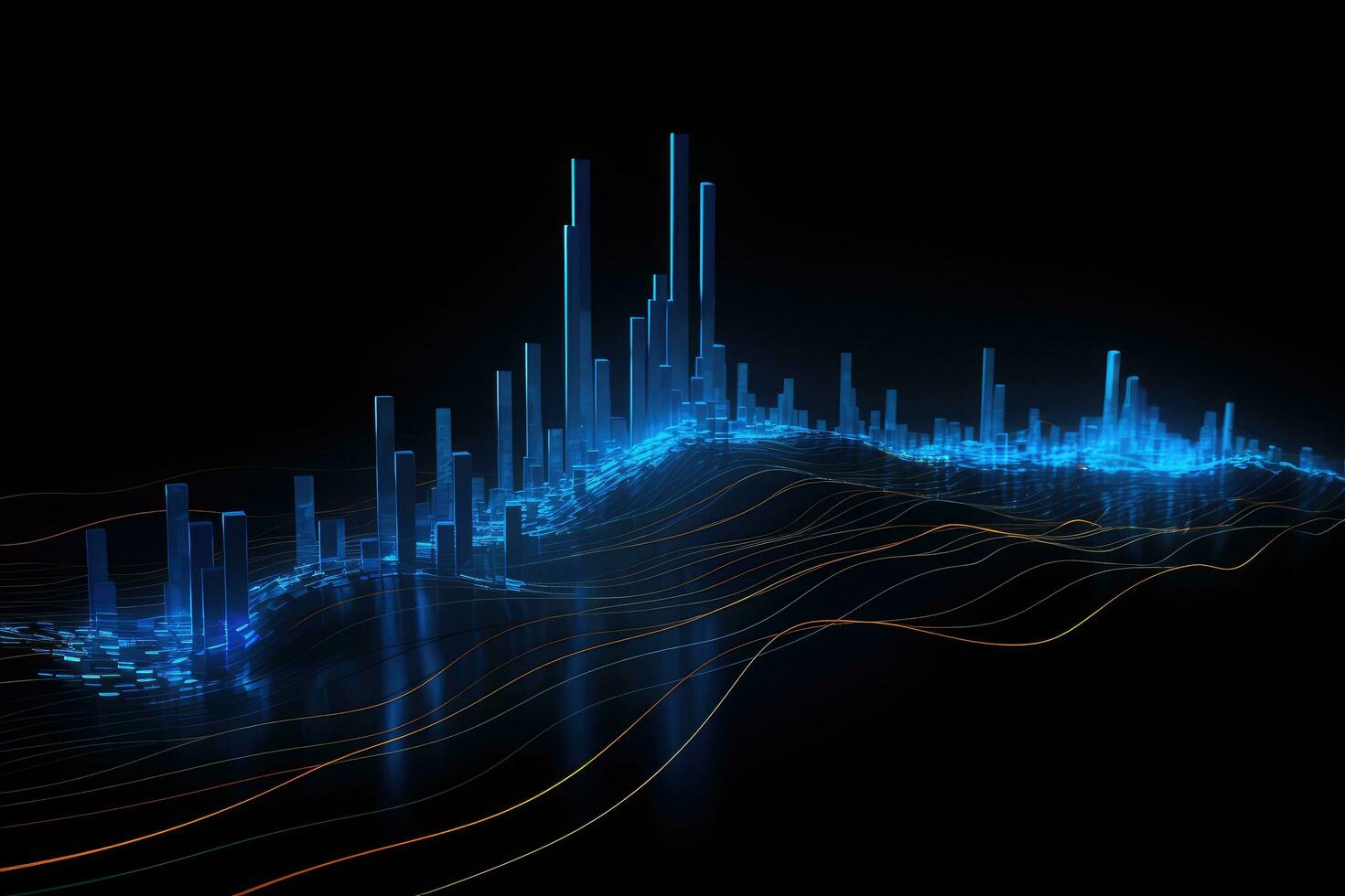 AI generated Futuristic technology interface with glowing lines and dots. Vector illustration, Glowing blue lines and an abstract data system on a black background representing a complex data flow photo